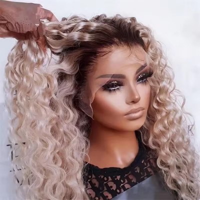 Ombre Champagner Golden Deep Wave Lockige Perücken Echthaar Lace Front Perücken