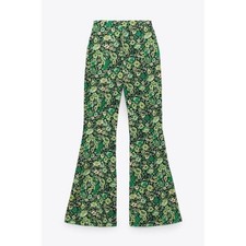 Zara Flare Pants Womens Small Pull On Flowy Green Floral Jersey