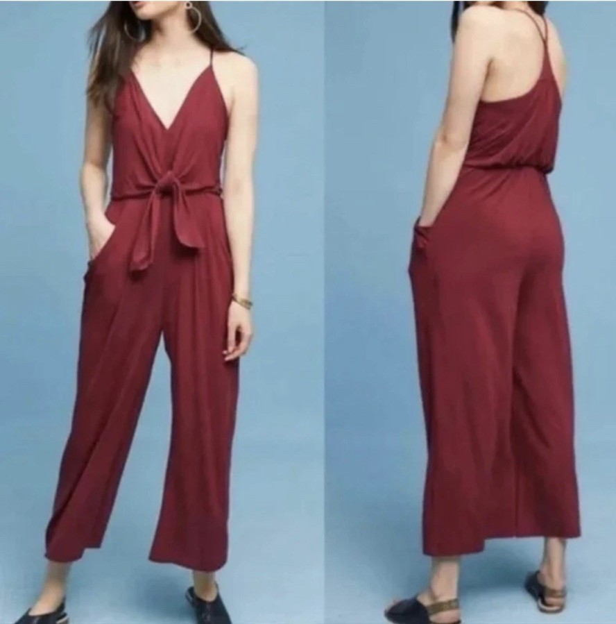 Anthro Red Burgundy V-Neck Wide Leg Jumpsuit Womens Formal Wedding Guest Medium