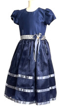 Girls Navy Blue Formal Dress Silver Trim Tiers Bows Size 12 Special Occasion