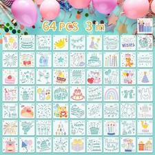 Birthday Stencils for Painting, 64PCS 3x3 Plastic Stencils for Crafts Reusabl...