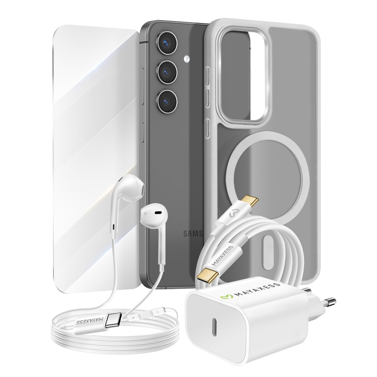 Pack S24 coque verre et chargeur gris avec écouteurs inclus