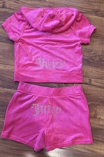 JUICY COUTURE M VELOUR TRACKSUIT HODDIE SHORTS SET Y2K OG BLING VIXEN PINK NWT
