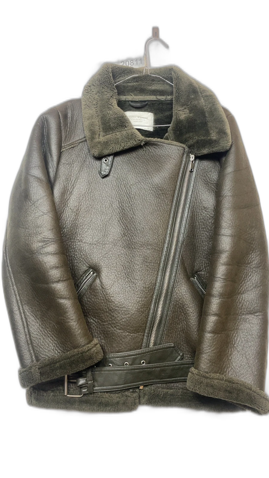 Zara Green Faux Shearling Khaki Biker Jacket size S Womens Casual