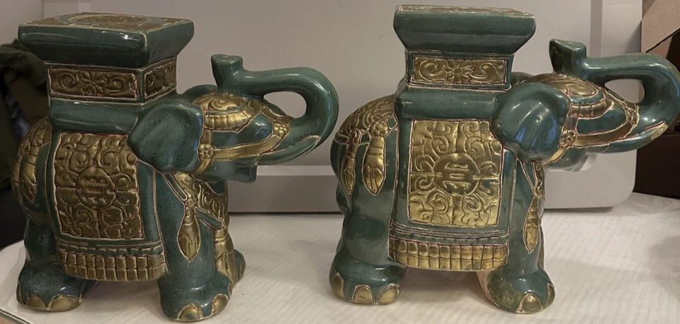 2 taburetes de jardín de elefante dorado verde esmalte de cerámica asiática soportes para plantas de colección Foto 4 de 4