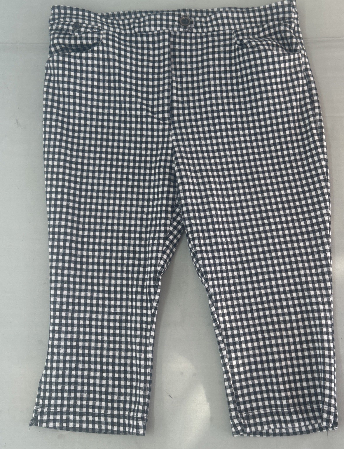 Anthropologie Gingham Plaid Capri Knit Pants Size 14 Black White Stretch