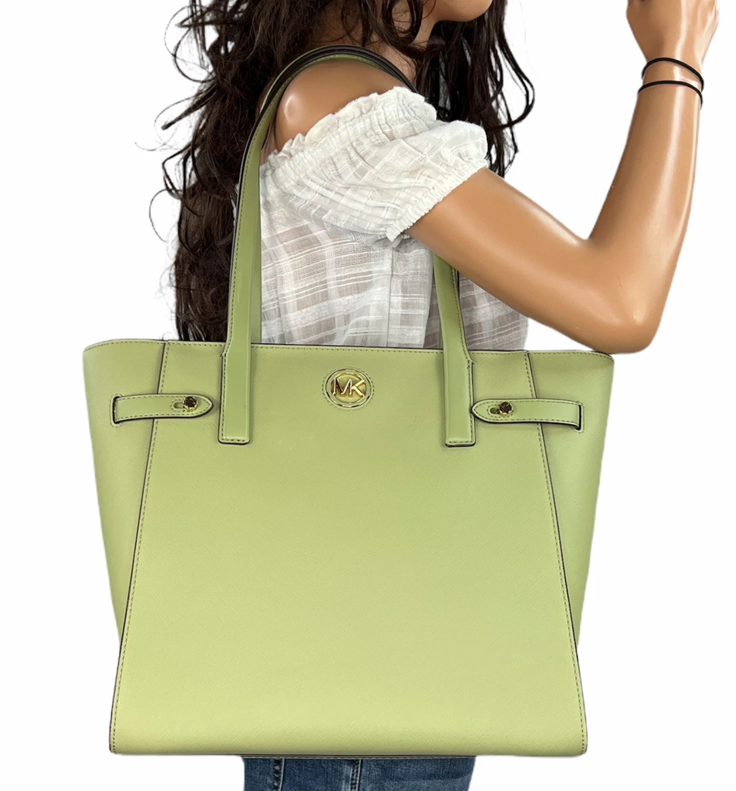 Bolso shopper mujer Michael Kors Carmen LG NS Tote cuero Light Sage nuevo