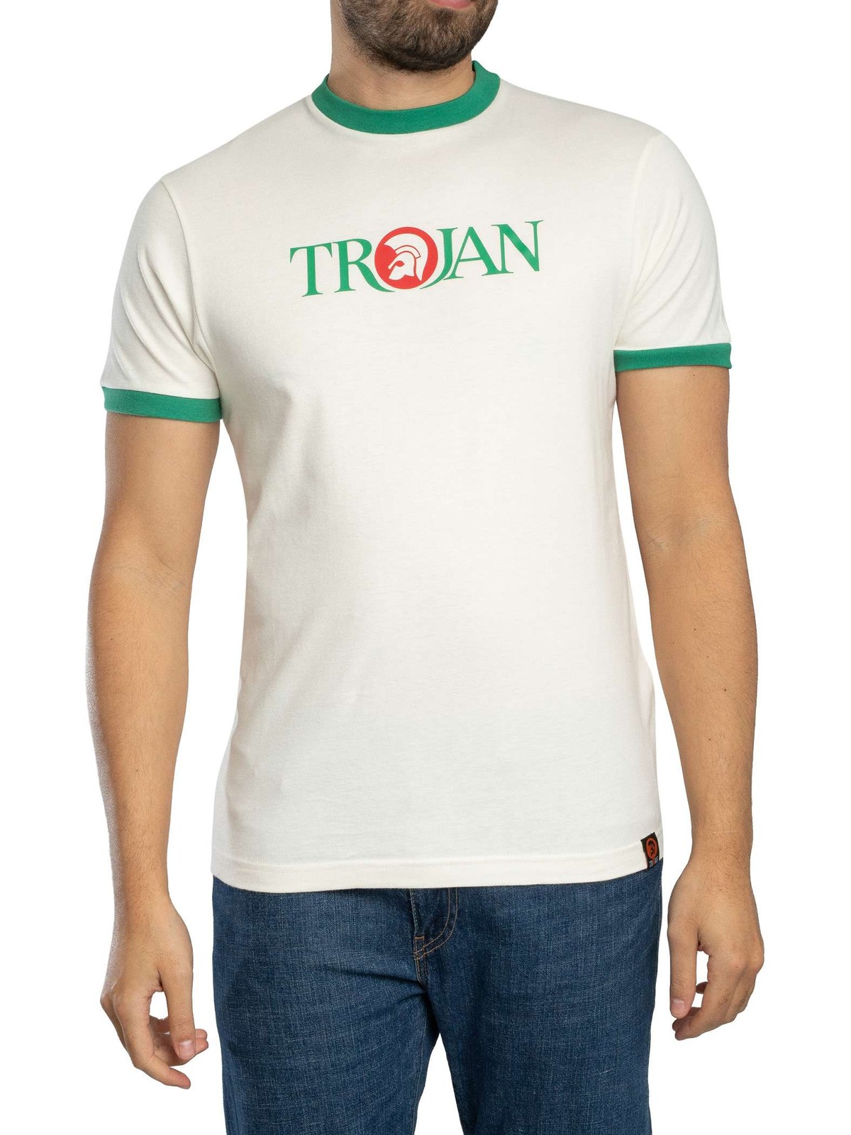 Trojan Mens Logo Ringer T-Shirt, White