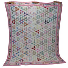 Antique Handmade 76in x 90in 6 Point Star Quilt Blanket Pink Multicolor Quilting