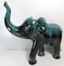8" Vtg Blue Mountain Pottery Elephant Trunk Up Teal Green Figure Drip Glaze BMP