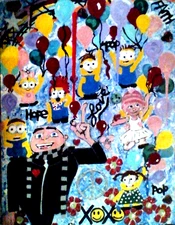Original painting of the Minion's large pop art colorful 18x24x1  by pb