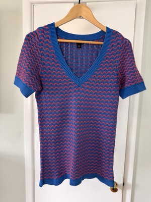 Halogen Womens Sweater Blue/pink Large Striped Short Sleeve Cotton Blend