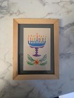 FRAMED Linen CLOTH ARTISTRY OF  CANDLE MENORA, 8x6, Framed Blanched Wood, Israel — photo 1