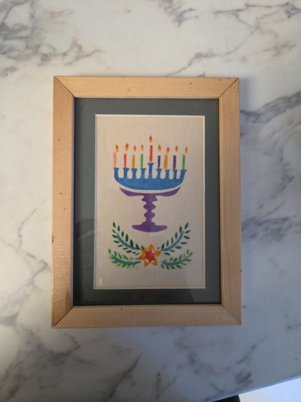 FRAMED Linen CLOTH ARTISTRY OF  CANDLE MENORA, 8x6, Framed Blanched Wood, Israel