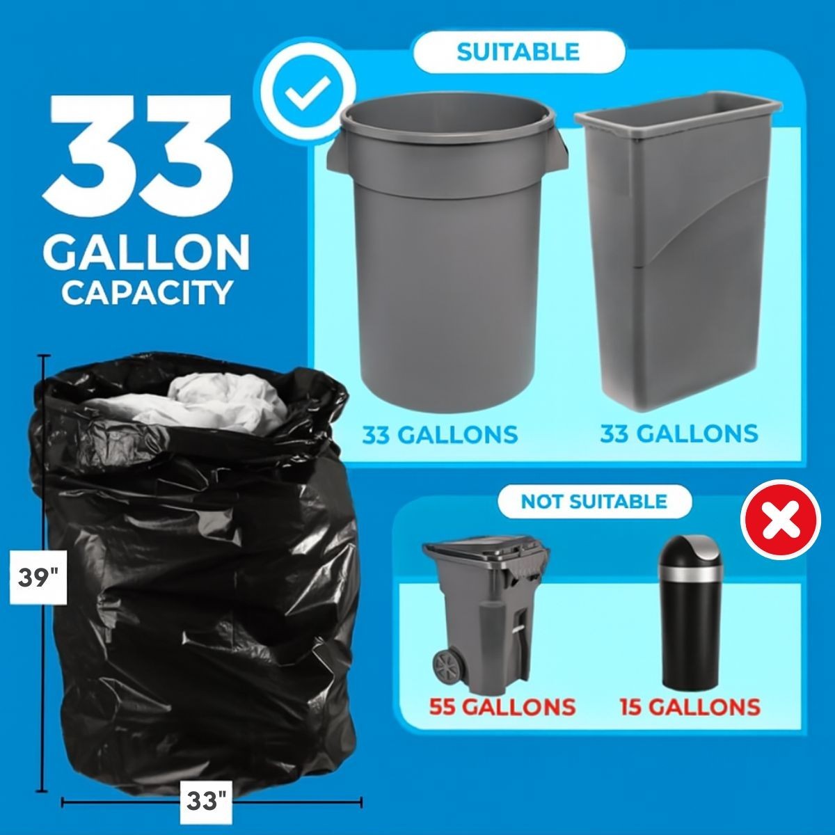TP Plastic 32-33 Gallon Heavy Duty Black Trash Bags, 100 Garbage Can Liners Bulk