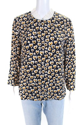 Sandro Womens Dark Navy Printed Ruffle High Neck Long Sleeve Blouse Top Size 3