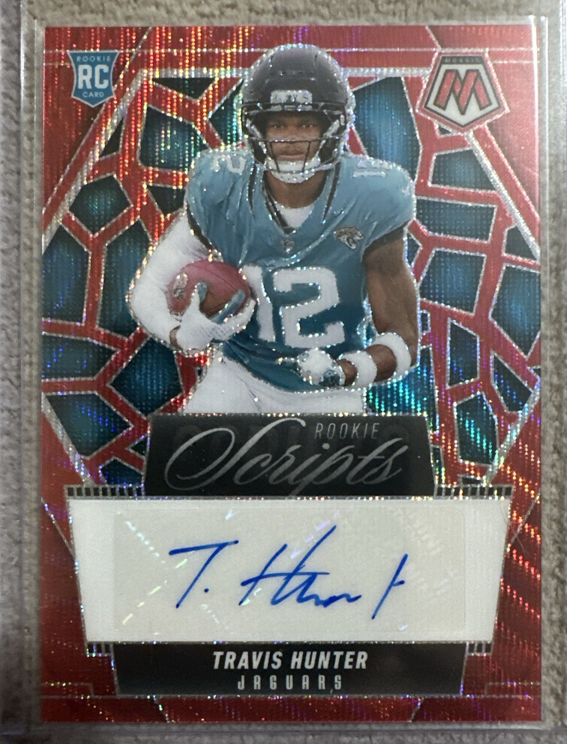 2025 Panini Mosaic Travis Hunter RC Rookie Scripts Red Wave Auto