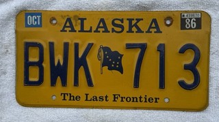 Vintage 86 AK License Plate 1986 Alaska Lic Yellow Blue BWK 713