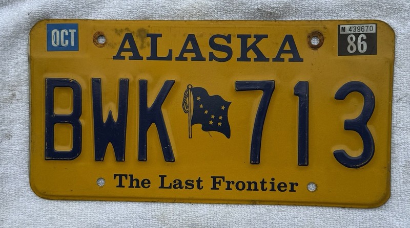 Vintage 86 AK License Plate 1986 Alaska Lic Yellow Blue BWK 713