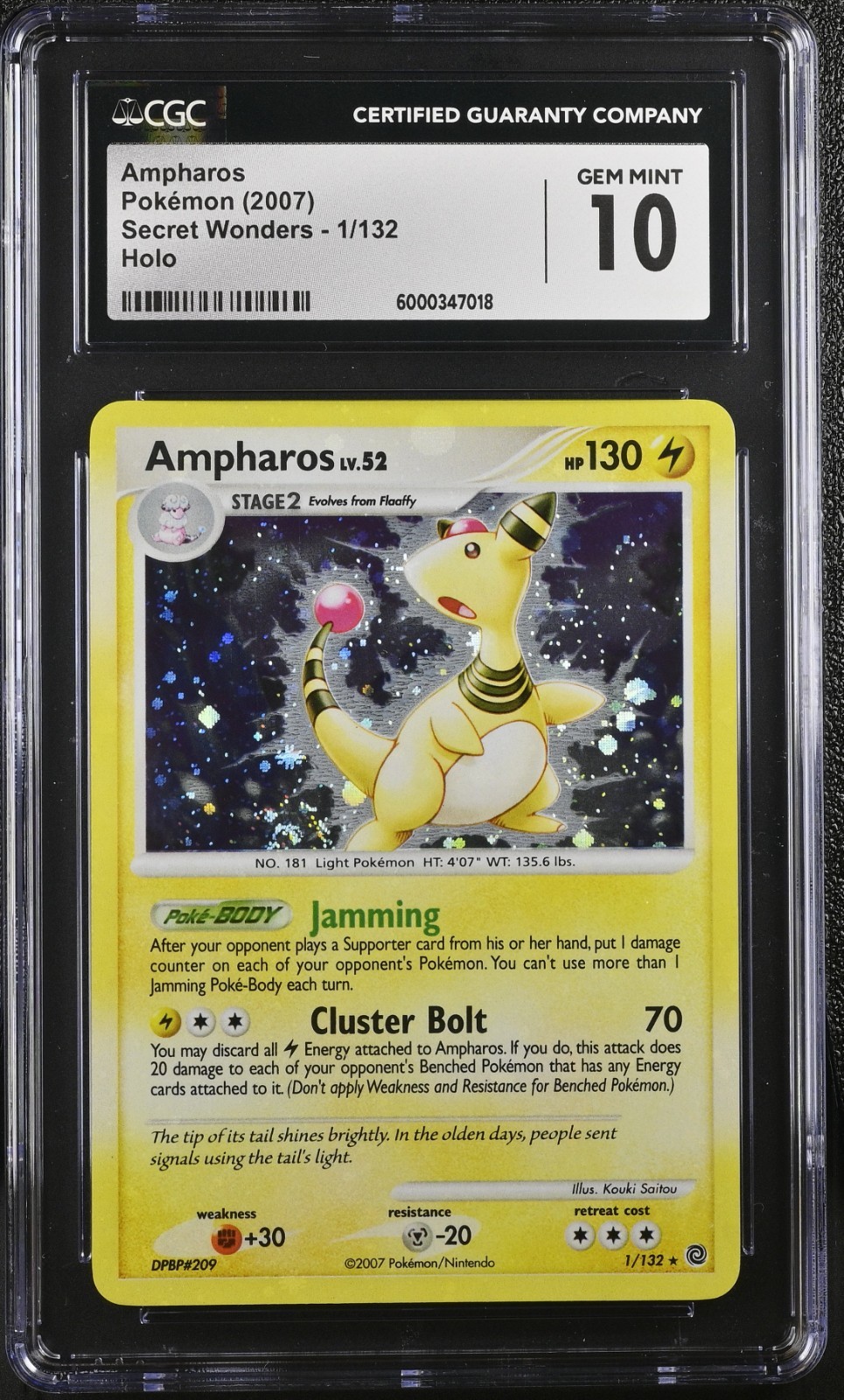 CGC 10 GEM MINT Ampharos 2007 Secret Wonders 1/132 Holo Pokemon Card