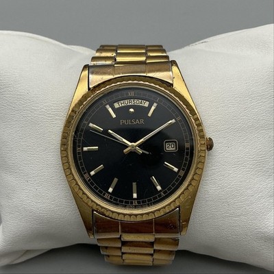 Vintage Pulsar President Mens Watch 35mm Day Gold Tone V744-0A20