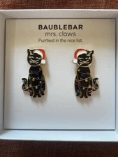 New Baublebar Mrs. Claws Black Kitty Cat Christmas Dangle Earrings Rhinestone