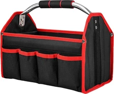 13 Inch Tool Bag, Foldable Open Top Tool Tote with Stiff Frame, 8 Pockets, Water