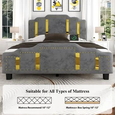 Upholstered Bed Frame with Velvet Material, Charging Station, Easy Assembly