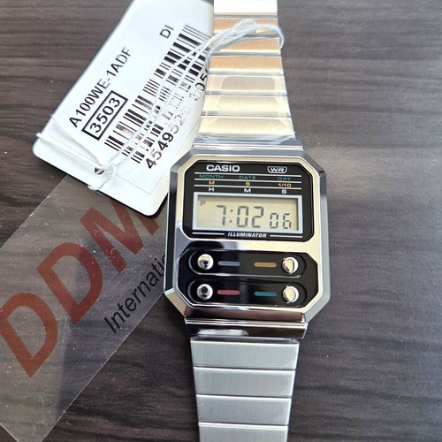 Casio A100WE-1ADF Reloj Clásico Digital Banda Metal Plateado Vintage Original Nuevo - Imagen 9 de 11
