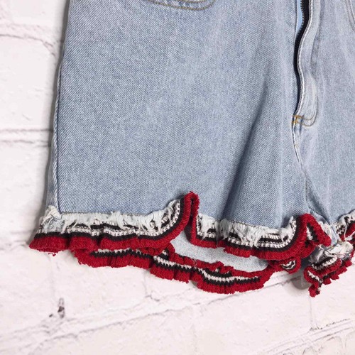 Vintage 90s Y2K Denim Shorts Ruffle Crochet Trim Pockets She Said Size 7 - Picture 7 of 10