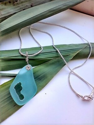 Hand Carved Footprint Blue Sea Glass Pendant Silver Necklace 18''