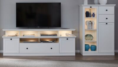 Wohnwand weiß Landhaus Schrankwand Wohnzimmer Möbel 3 teilig 273 x 129 cm Baxter