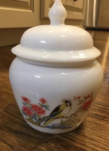 Vintage Avon Milk Glass Oriental Bird Design White Lid Candle Holder with Candle - Picture 2 of 7