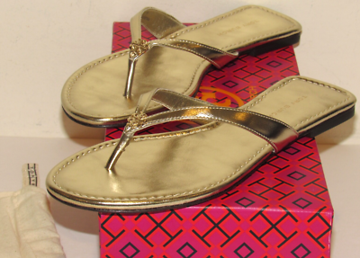 Tory Burch Classic Flip Flop Flops Womens 5 Spark Gold Leather