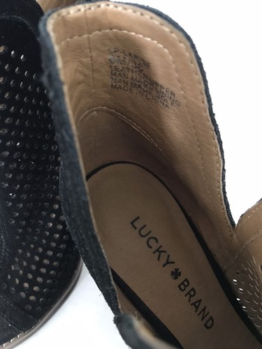 Botín al tobillo Lucky Brand Larise recortado punta abierta para mujer 6 negro sin cordones gamuza - Imagen 10 de 10
