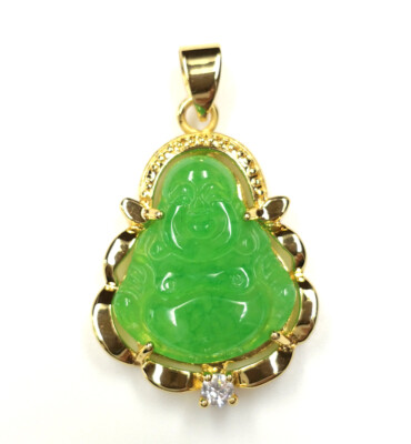 Genuine Green Jade Buddha Yellow Gold Plated Crystal Pendant Chain ...