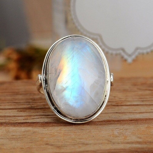 Anillo de plata esterlina 925 con piedra lunar blanco arco iris boho anillo llamativo todos los tamaños - Imagen 1 de 5