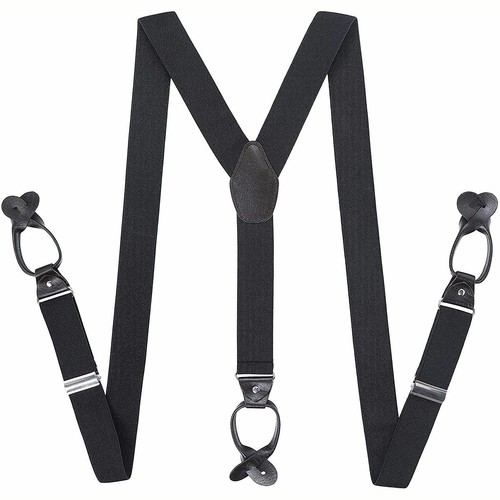 Men's 6 Button Hole Wide Elastic Suspenders Leather 35mm Trousers Braces Belt - Picture 3 of 41