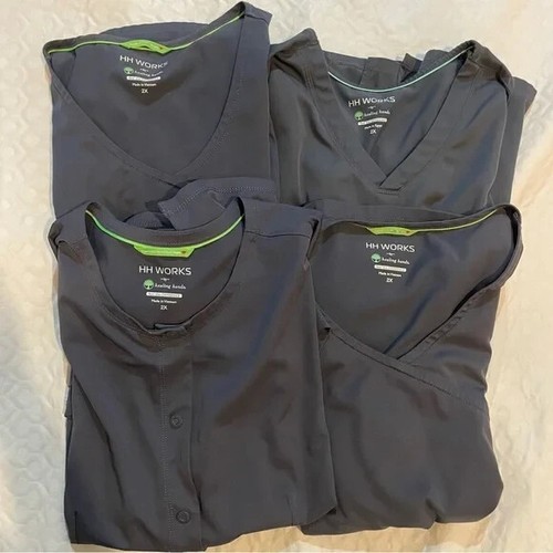 (4) HH Works Healing Hands Scrub Tops Gray/Black Women’s 2X (3) Short (1) Long