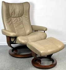 Ekornes Stressless Large WING "Stone" Leather Swivel Recliner Chair & Ottoman