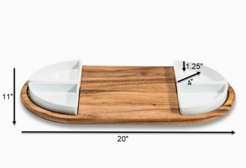 Natural Acacia Wood, 20" Charcuterie/ Serving Tray w/ 4 White Ceramic Dishes - Picture 3 of 3