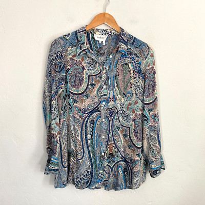 BASH Ba&sh Lady Shirt Women Size Medium Blue Paisey Peacock Button Up Sheer
