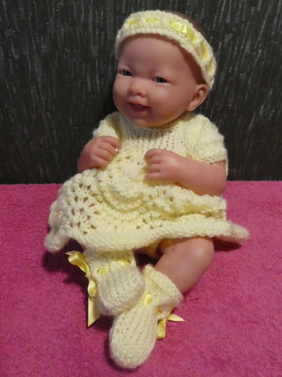 BERENGUER 02 10 REALISTIC NEWBORN BABY GIRL OPEN MOUTH KNITTED YELLOW OUTFIT