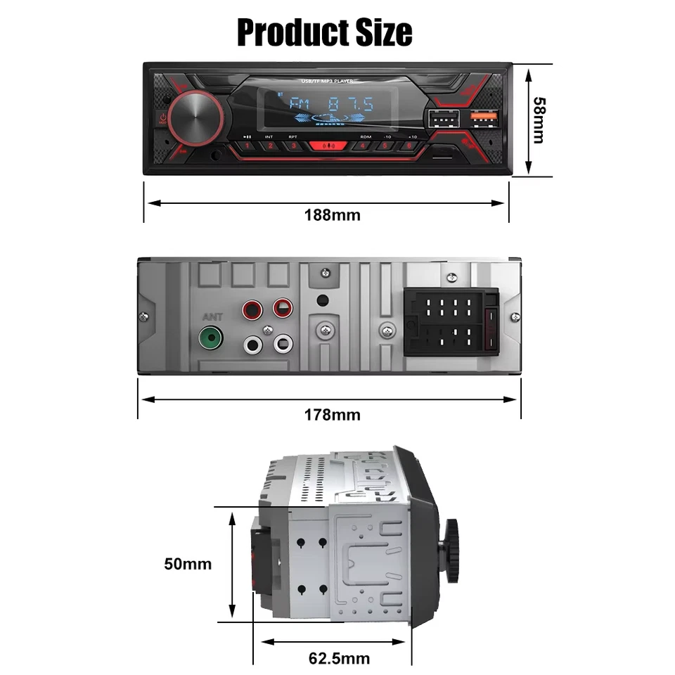 Autoradio 1 DIN Stereo MP3 Bluetooth FM ISO Aux USB, Lettore Multimediale - Immagine 3 di 4