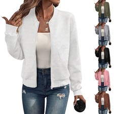 Women Stand Collar Casual Baseball Jacket Short Length Zipper Front Outerwear