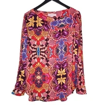 Loft Pink Multicolor Blouse Floral Paisley Boho Bohemian Slit Sleeve L