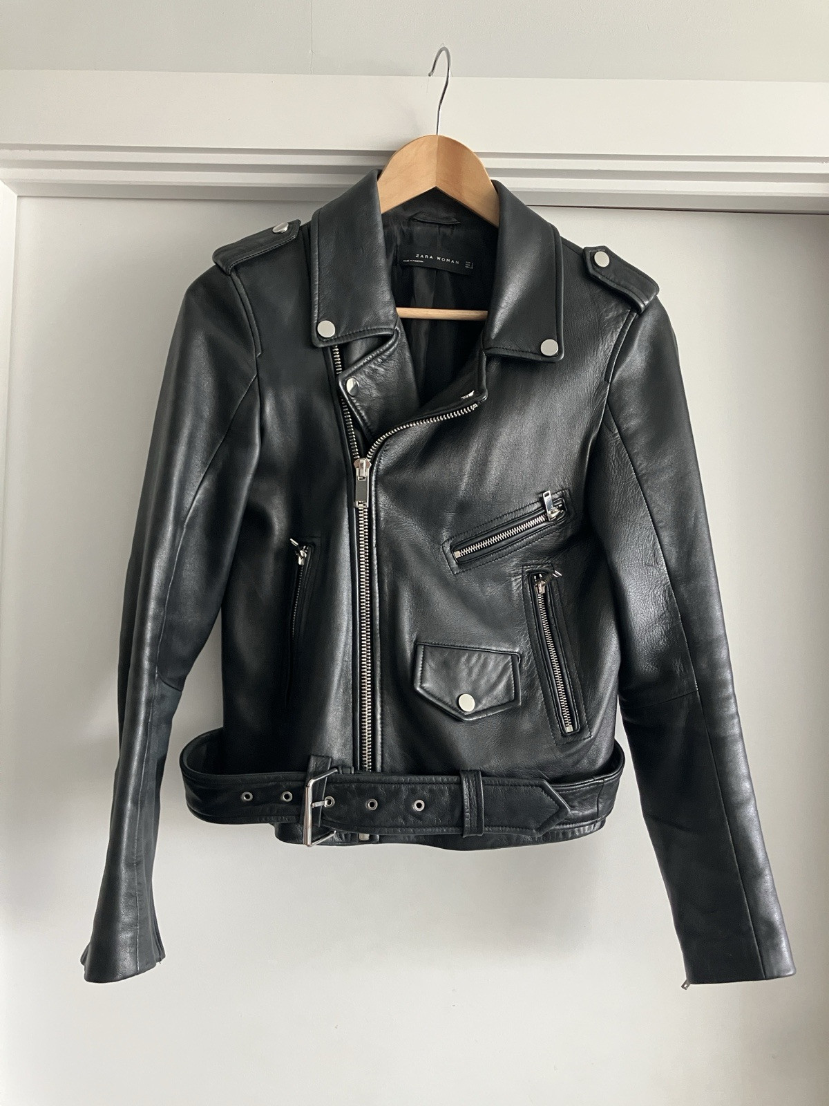Zara Black Leather Biker Jacket Size Medium | eBay UK