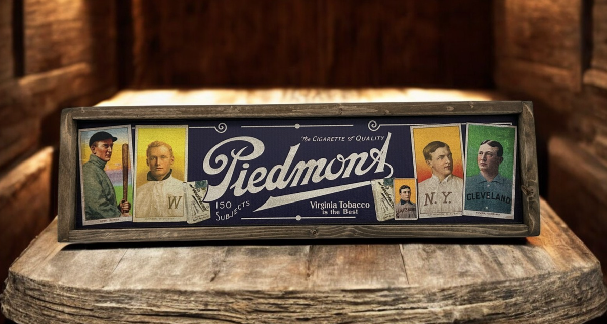 T206 Piedmont Tobacco Antique Style Wood Baseball Card Ad Sign 9x36 Ty Cobb