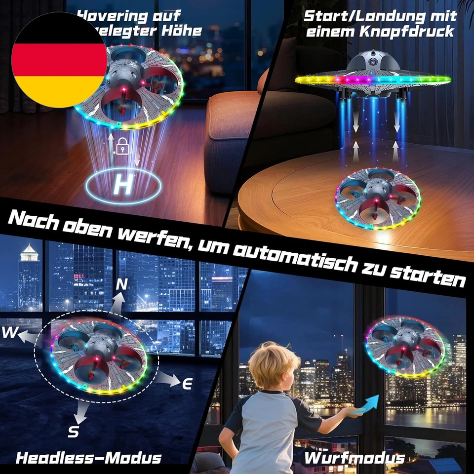 RC UFO Drohne Für Kinder Und Anfänger, Mini Drohne Mit Kamera Und Bunten LED Lic - Bild 3 von 4