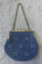 Vintage Dyed Blue Beaded Clutch Evening Bag Purse Kiss Clasp Hong Kong